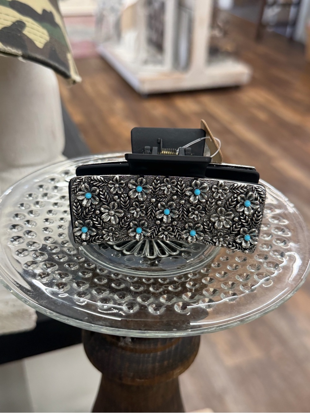 Decorative Silver Floral Hair Clip with Turquoise Accents